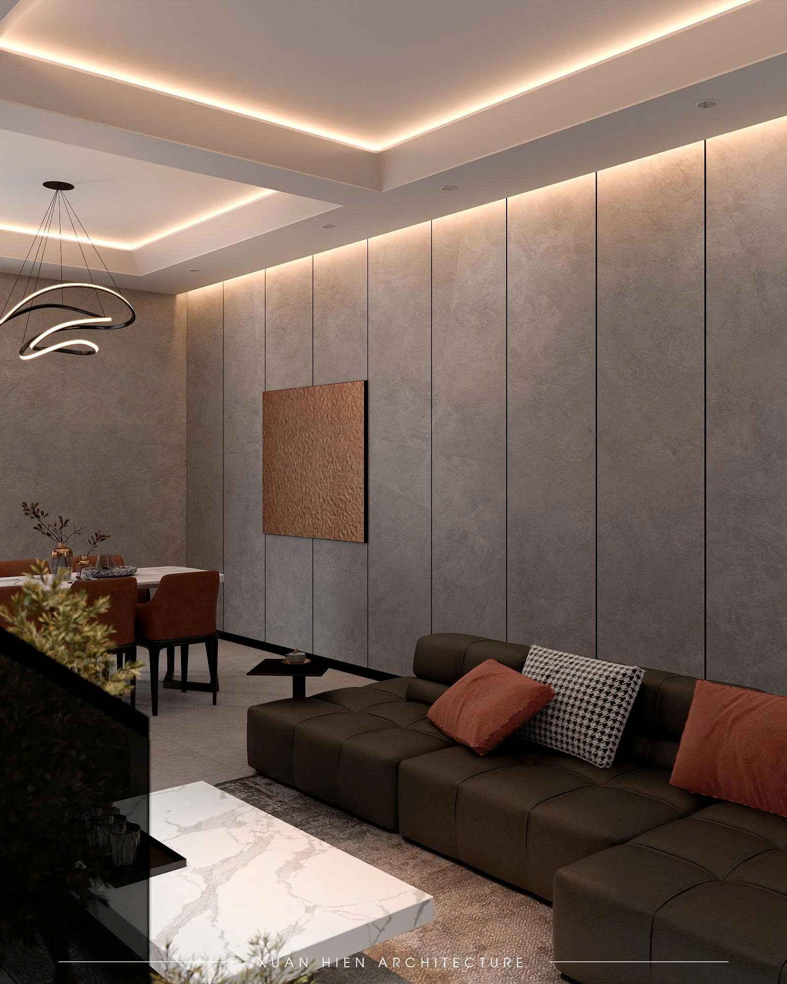 Phòng khách phong cách hiện đại, gam màu nâu gỗ – xám – be