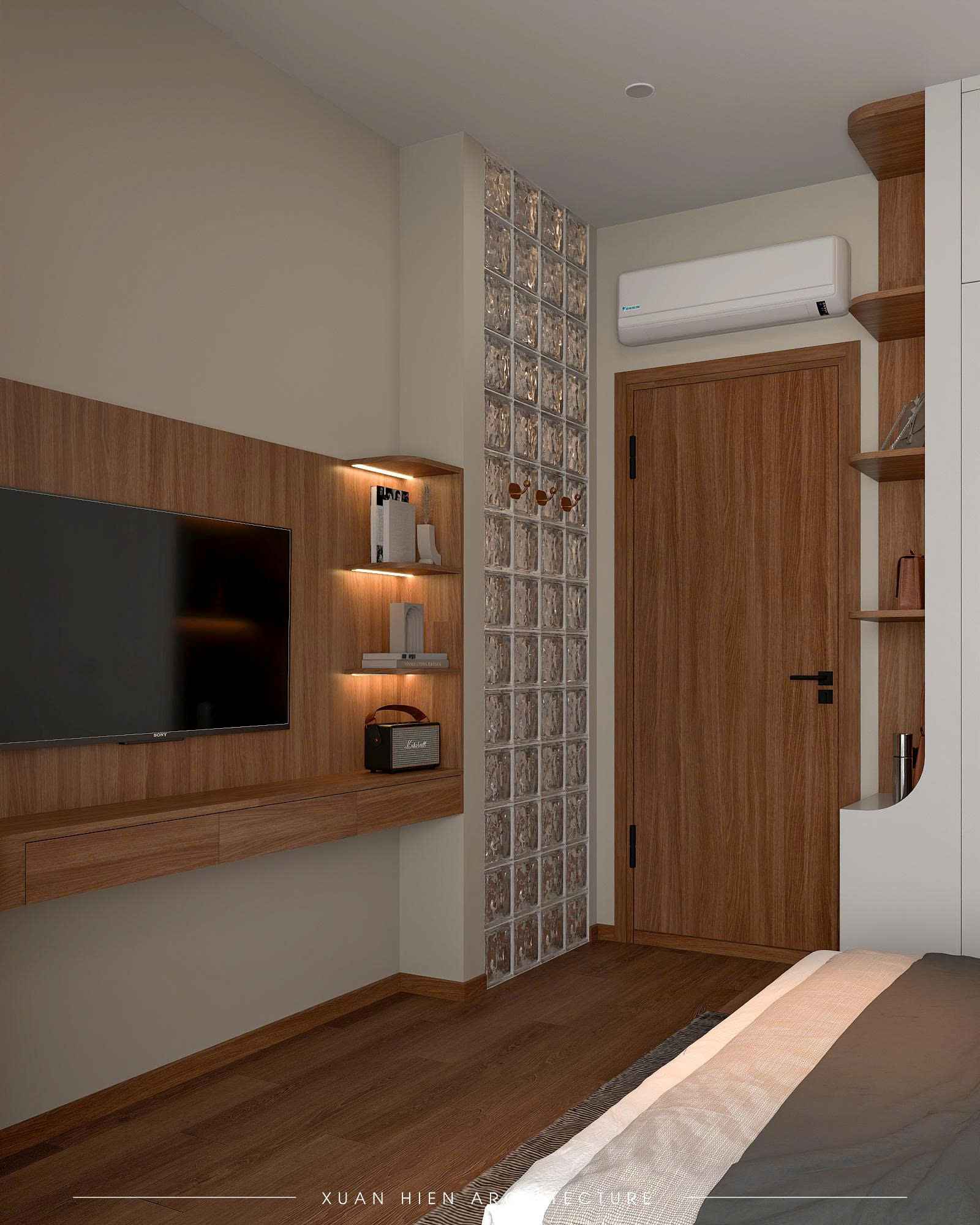 Phòng ngủ master rộng rãi, ấm áp với chất liệu gỗ và ánh sáng tự nhiên tràn ngập