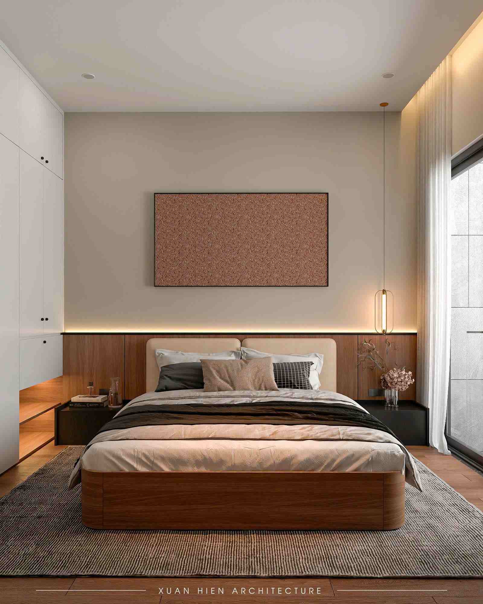 Phòng ngủ master sang trọng, tông màu be – gỗ, có cửa kính lớn đón sáng