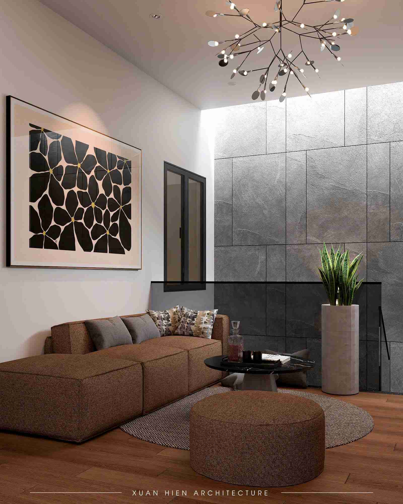 Giếng trời mang ánh sáng và gió tự nhiên vào nhà, tạo sự thông thoáng và gần gũi với thiên nhiên