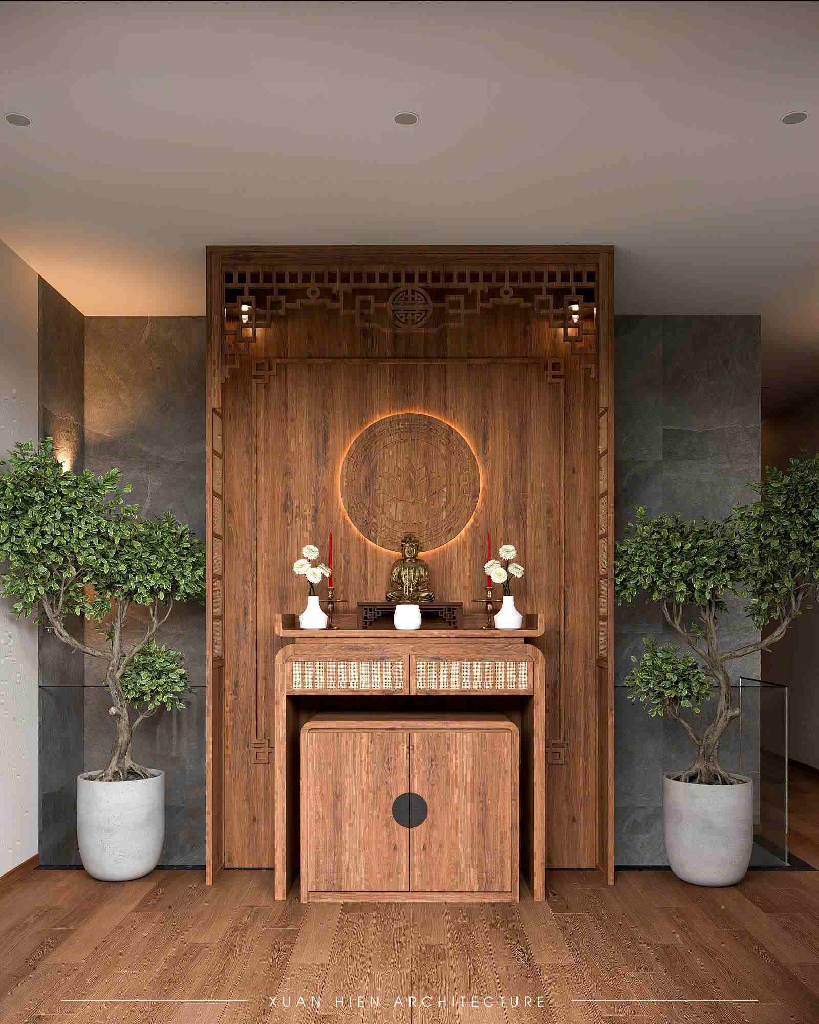 Phòng thờ trang nghiêm, thiết kế ấm cúng với chất liệu gỗ 
